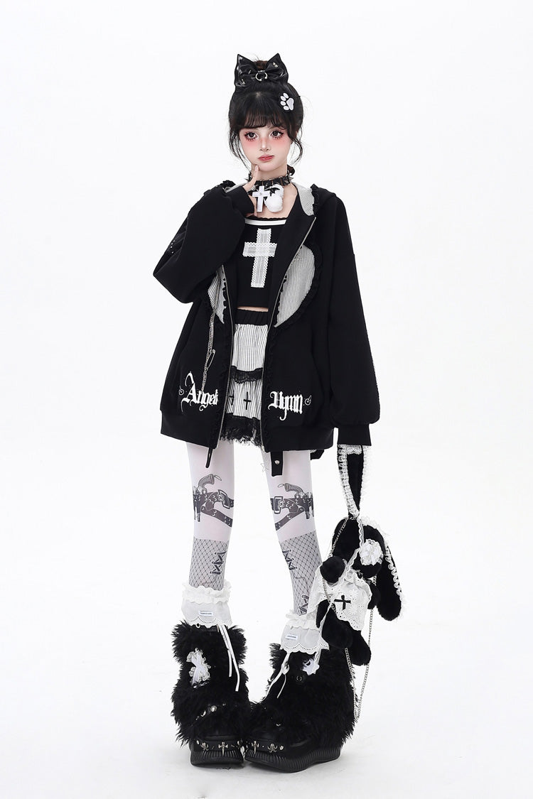 Heart Print Hooded Zipper Coat with Bunny Ears - Striped Bunny Ears