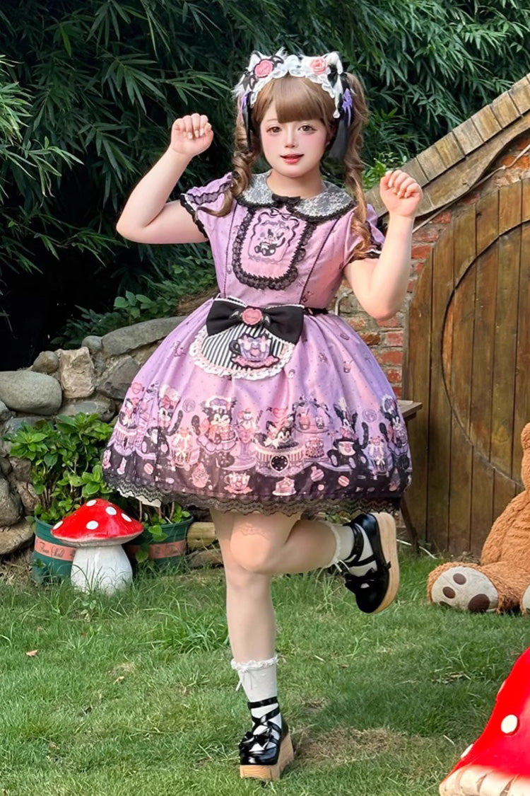 Devil Cat Violet Print Ruffle Bowknot Lace Gothic OP Dress Plus Size - Devil Cat