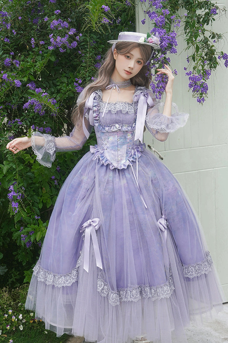 Amethyst Bow-Trimmed Lace Ruffled Long-Sleeve Gothic Dress