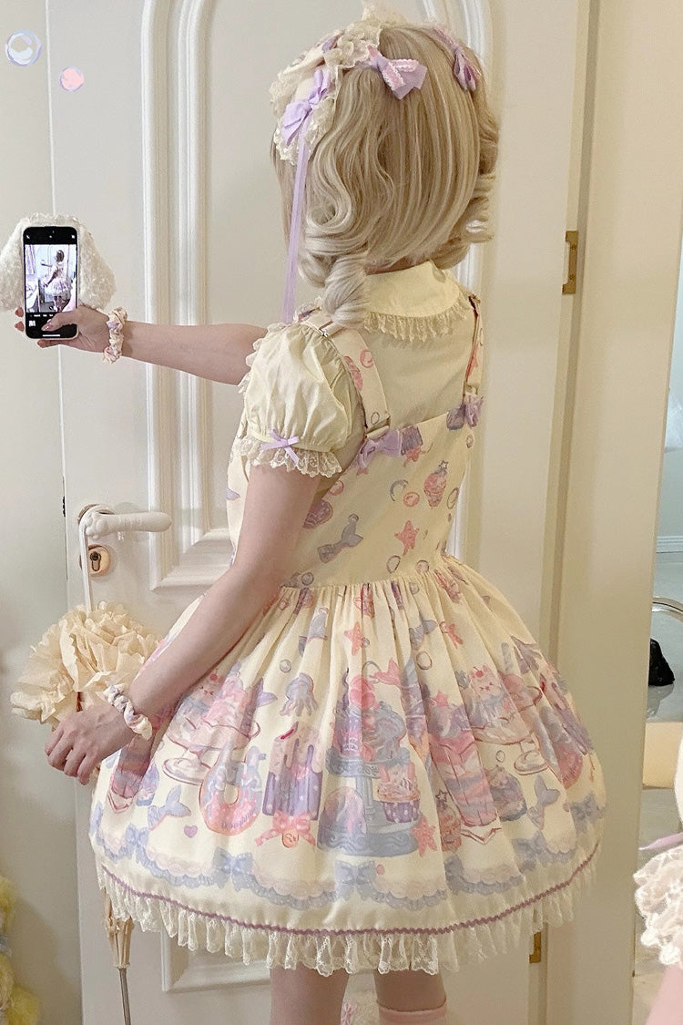 Cream Soda Mermaid Print Yellow Bow Lace Sweet Lolita Strap Dress