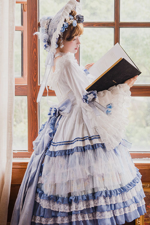 Cerulean and Ivory Embroidered Floral Hanayome Long Sleeve Multi-Layer Ruffled Sweet Lolita OP Dress