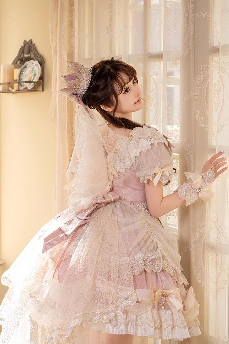 Sweet Lace Dress with Multi-Layer Ruffle in Pink
