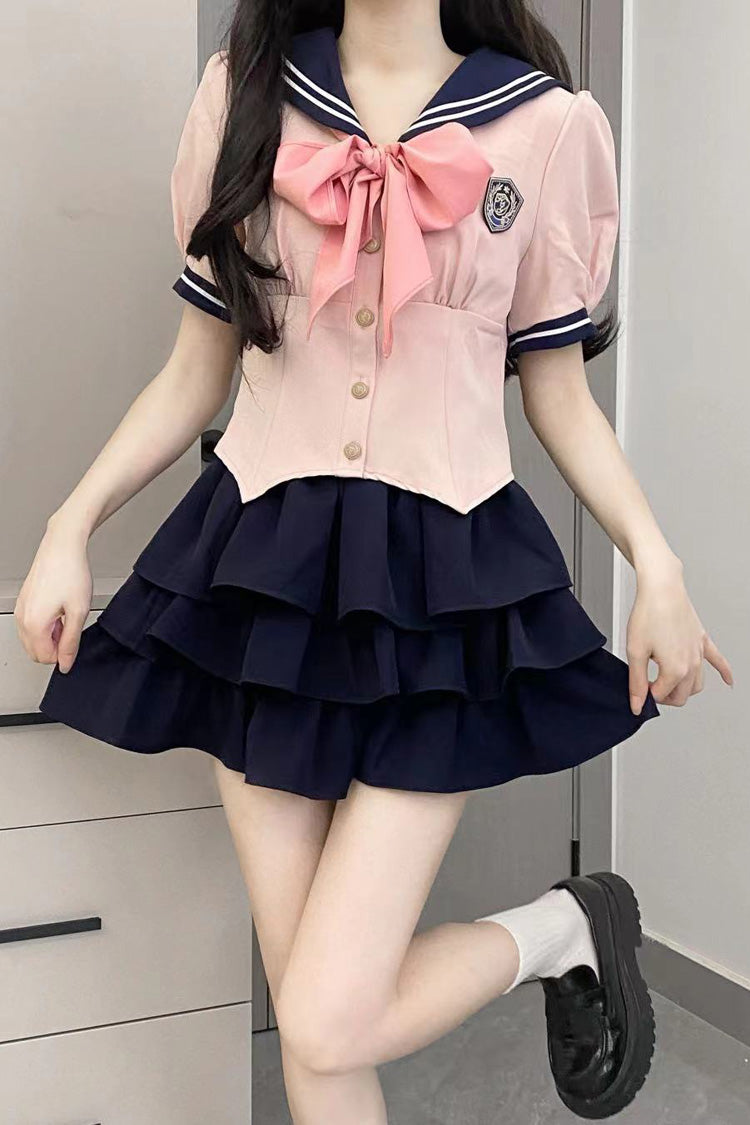 Sweet College Style Skirt Set with Ruffle Bowknot