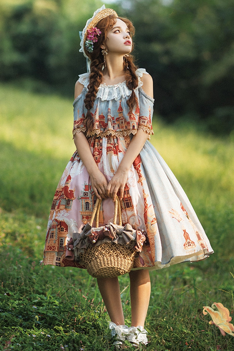 Multi-Color Oil Painting Printed Sweet Lolita Dress - Off Shoulder Short Sleeved
