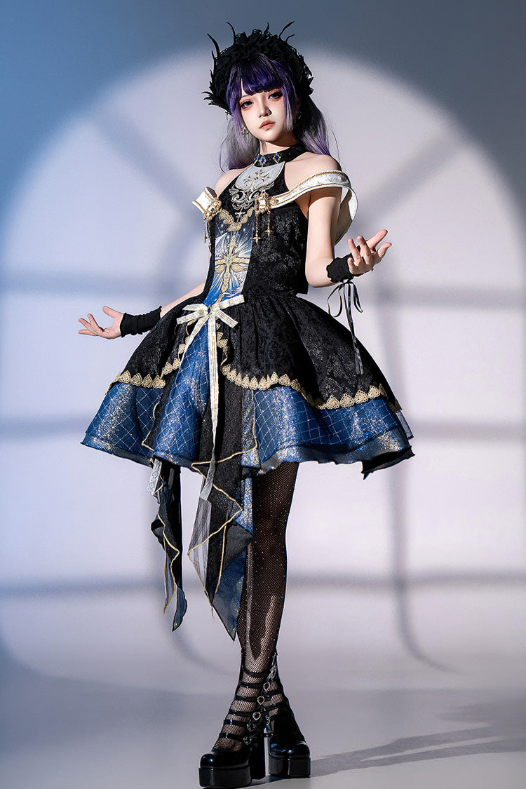 Black Blue Universe Off Shoulder Halterneck Sleeveless Embroidered Cardigan Gothic Princess Dress