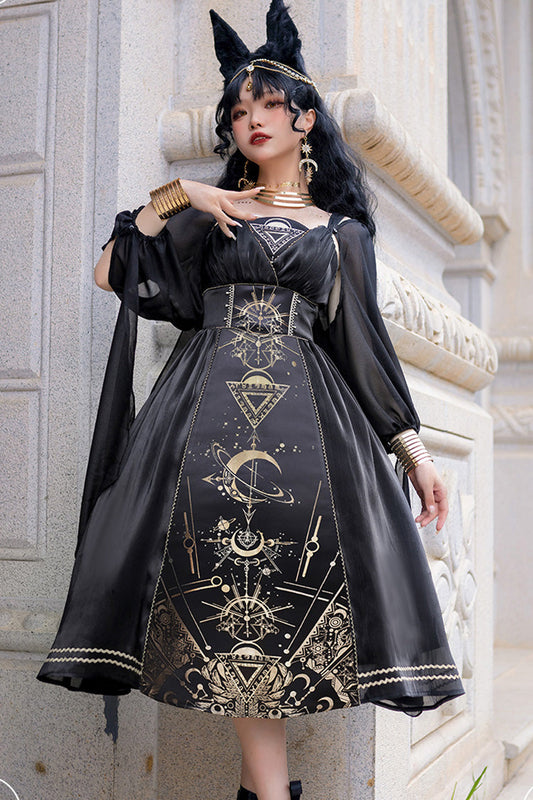 Black Print Ruffle Hot Stamping Gothic Gorgeous JSK Mini Dress