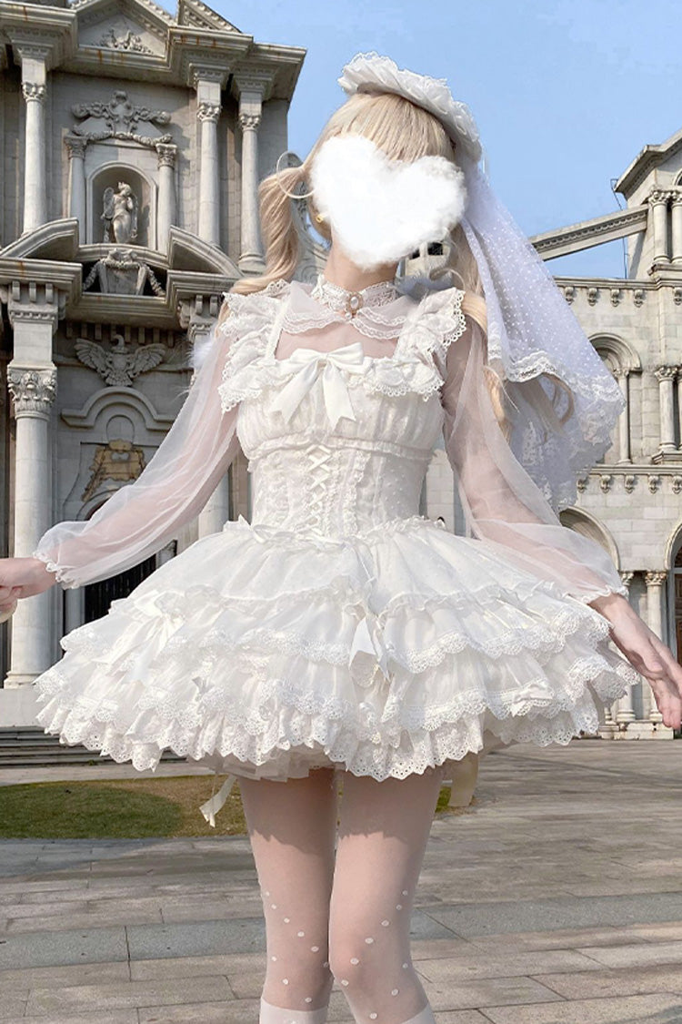 Ivory Double Ruffle Bow Lace Lace-Up Sweet Ballet JSK
