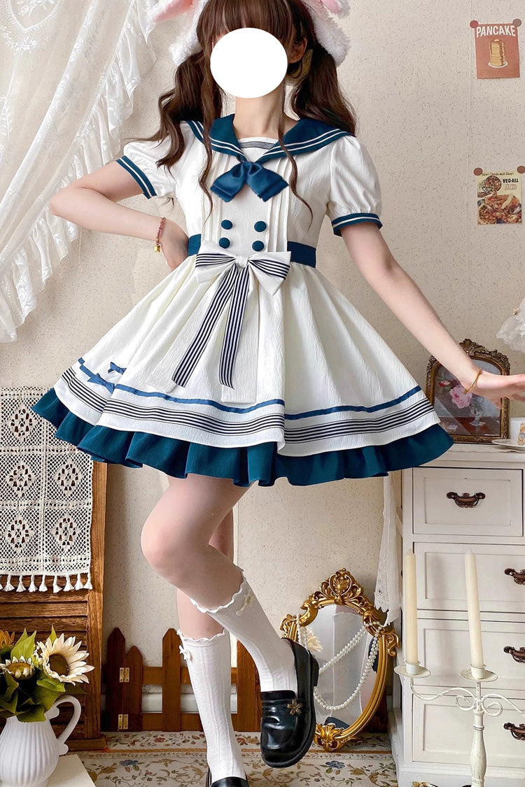 White/Green Navy Collar Short Sleeve Ruffled Bow Sweet Lolita Dress