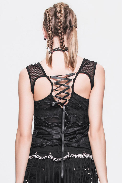 Ghost Claw Print Mesh Tee with Torn Stripes and Lacing