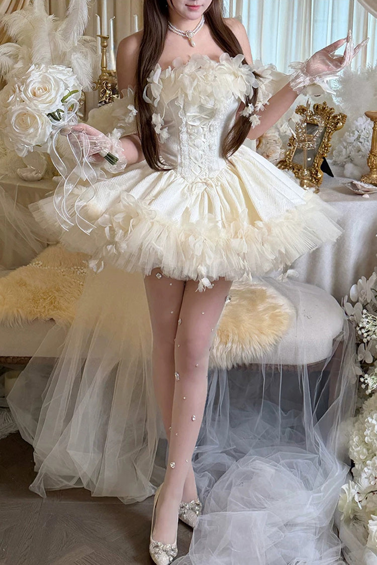 Apricot Sweet Lolita JSK Short Dress with Multi-Layer Ruffled Hanayome Bow Lace-Up and Sleeveless Design