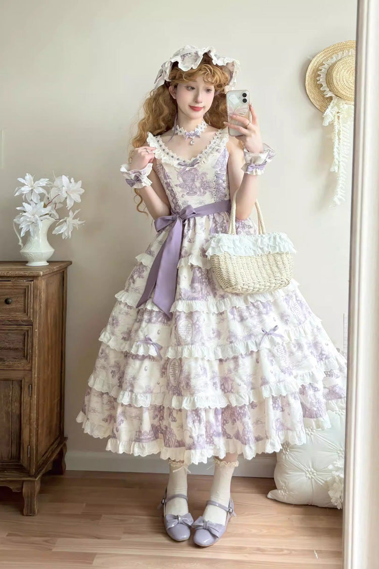 Grape Moon Almanac Violet Sleeveless Tiered Ruffled Bow Lolita JSK - Grape Moon Almanac
