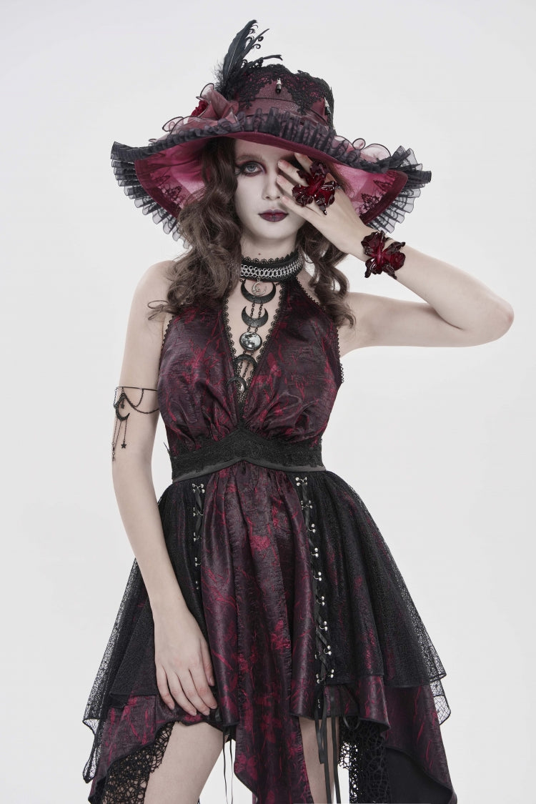 Off Shoulder Sleeveless Multi-Layered Printed Lace Irregular Tassels Gothic Dress