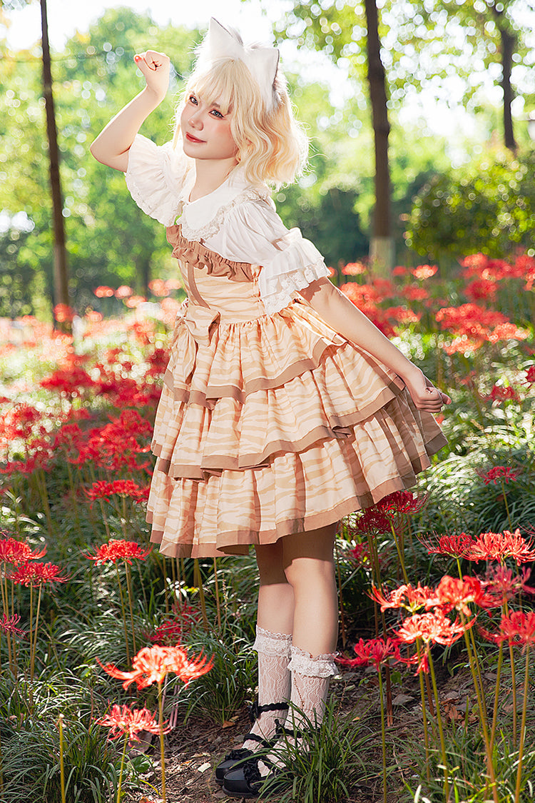 Sweet Apricot Triple-Layer Print Ruffle Bow Lolita Dress