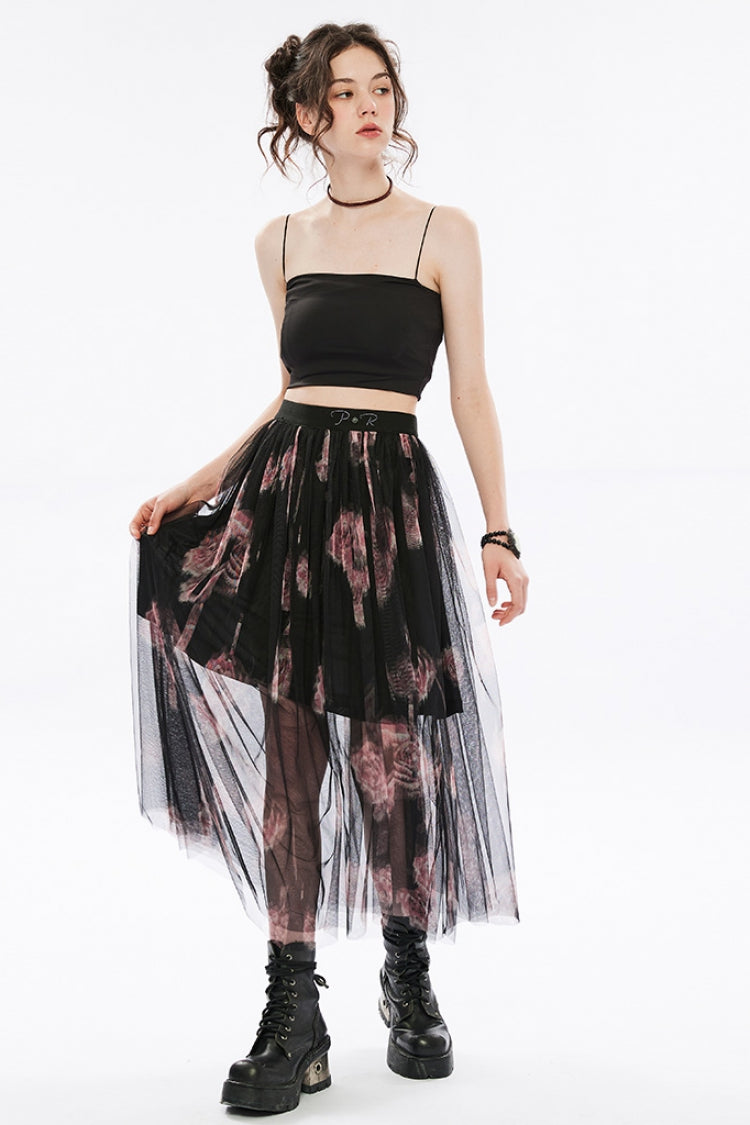 Gothic Sheer Skirt - Rose Embroidery, Lace Stitch, 2 Colors
