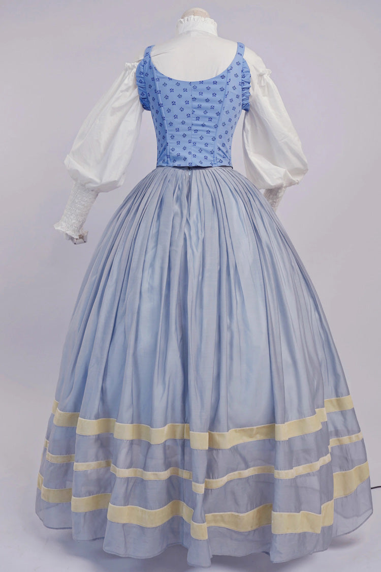 Light Blue Puffed Sleeve Corset Dress with Lace-Up and Fishbone Detail