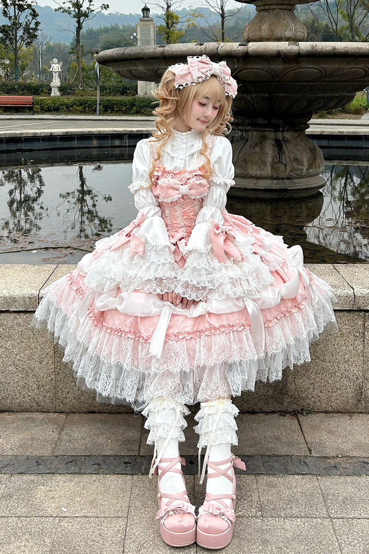Pink Sleeveless Multi-Layer Ruffle Bow Lace Sweet Plus JSK Dress