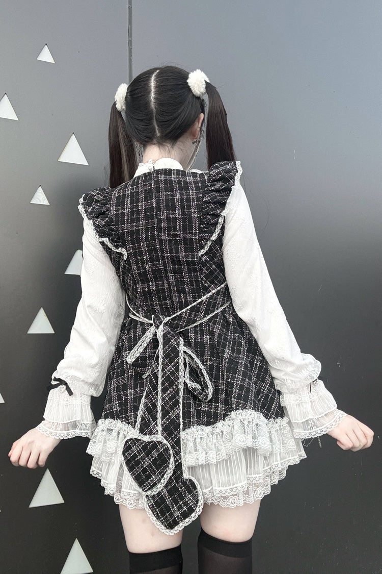 Black Plaid Print Ruffle Bow Lace Sweet Jirai Kei Dress with Shorts