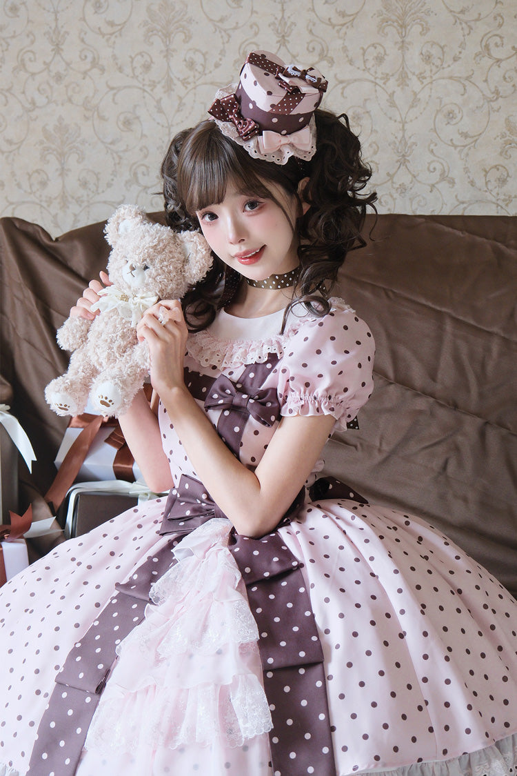 Canelé Gift Box Round Collar Short Sleeves Double-Layered Printed Polka Dot Ruffled Open-Front Bow Asymmetric Sweet Lolita Dress - Pink