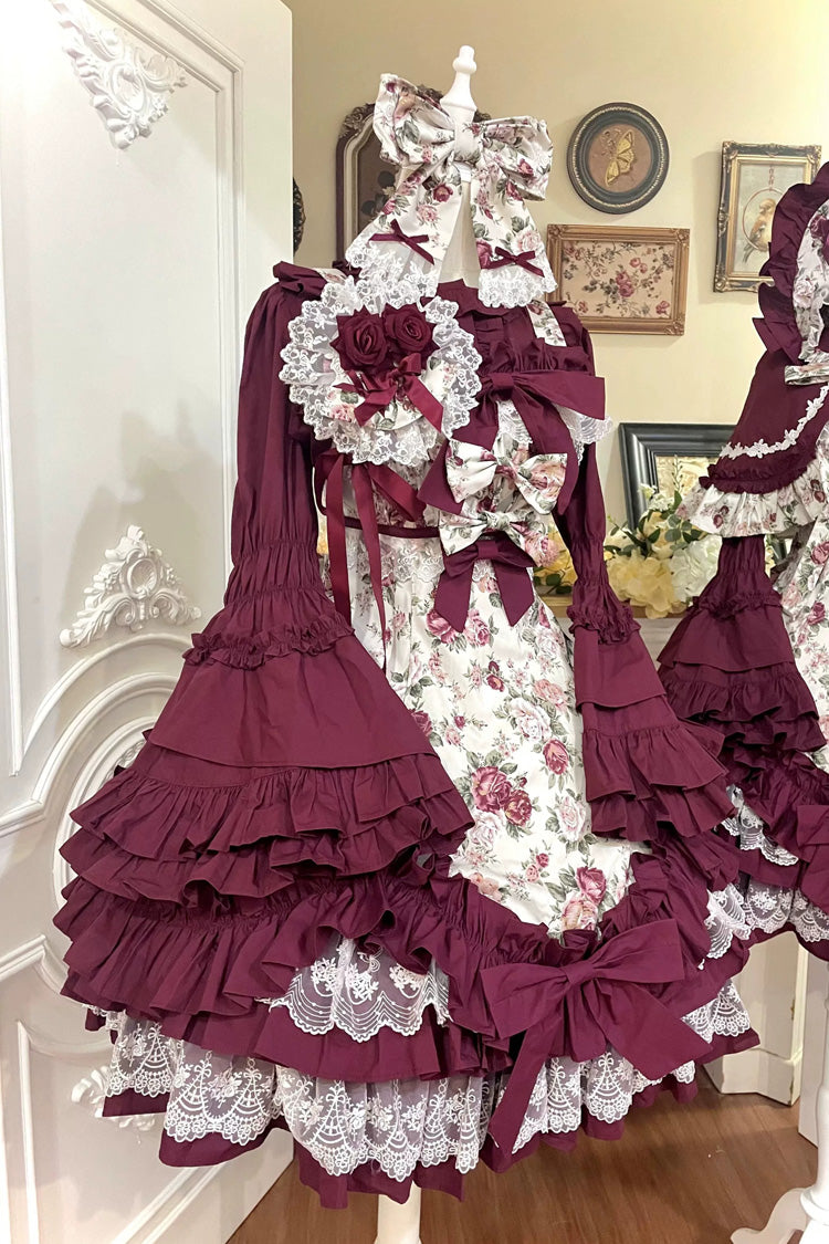 Burgundy Off-Shoulder JSK Dress with Ruffled Lace