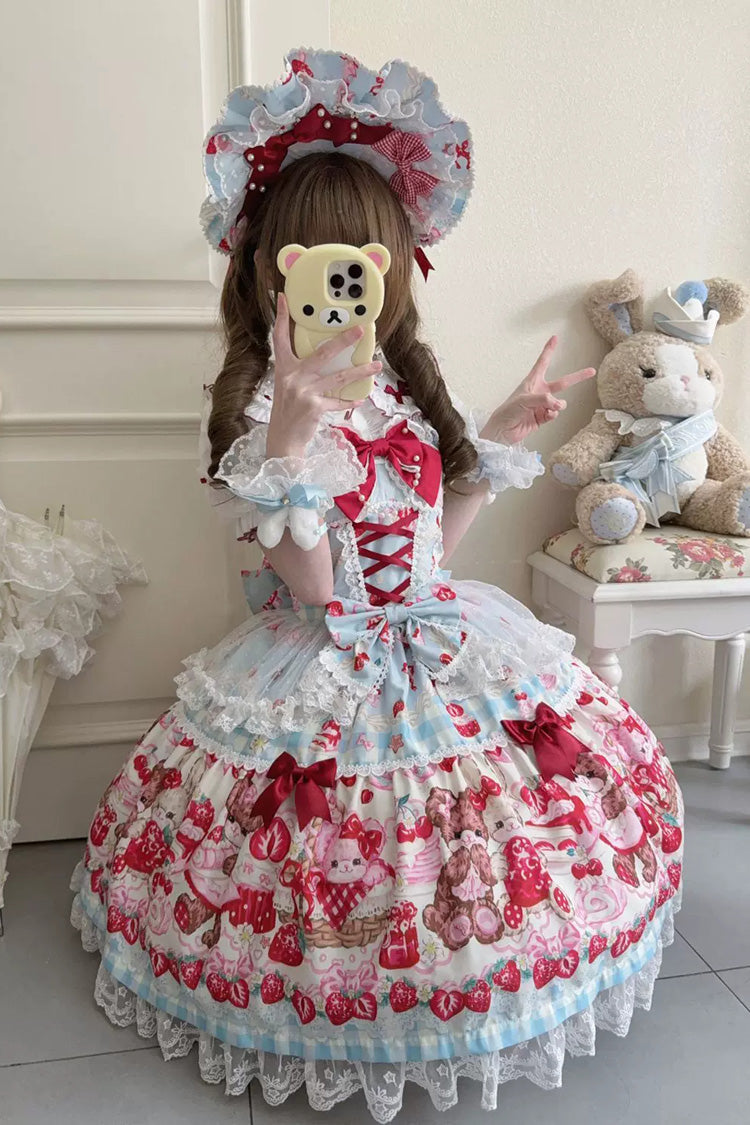 Red/Blue Sweet Lolita JSK Dress Printed Bow Lace Lace-Up - Sweet Berry Bunny Bear