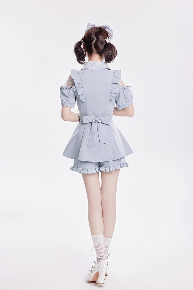 [Alice of Wednesday] Sweet Off Shoulder Short Sleeves Ruffle Bowknot Lace-Up Japanese Jirai Kei Dress Shorts Set 3 Colors