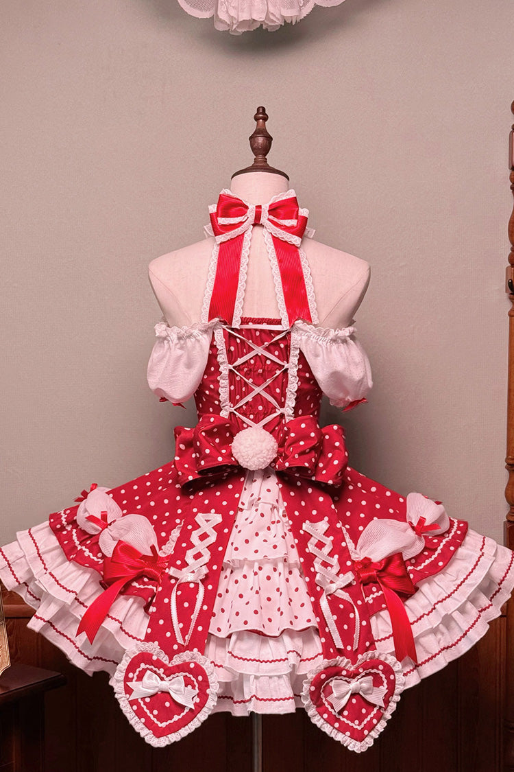 Wine Red Halterneck Short Sleeve Triple-Layered Polka Dot Bow Lace-Up Sweet Dress