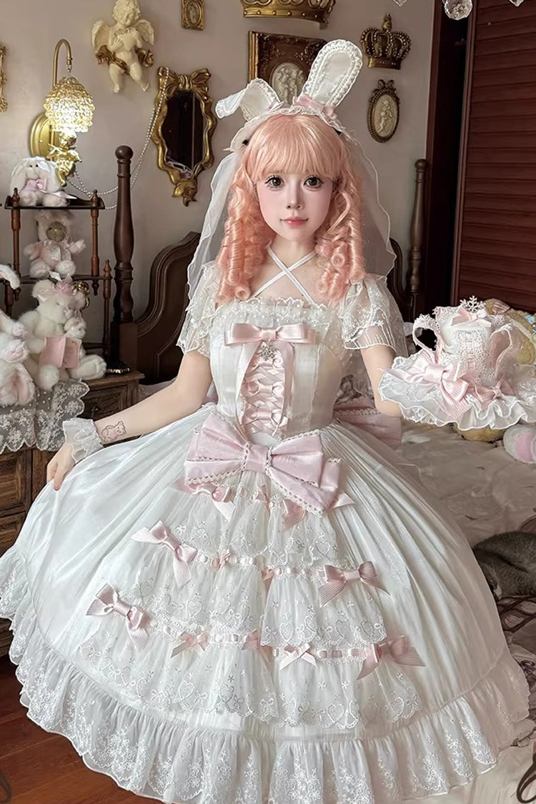 Ivory and Pink Snow of Love Ruffled Hanayome Open-Front Bow Lace Sweet Princess Lolita Dress