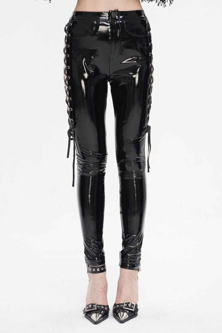 Vinyl Side Cutout Lace-Up Punk Pants for Women