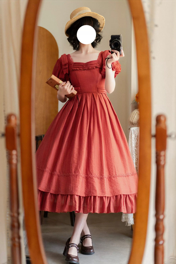 Square Collar Ruffled Bow Dress - Forest Gallery