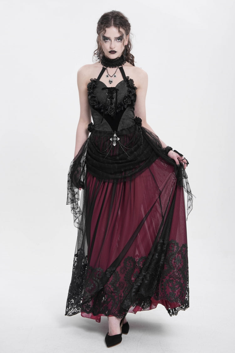 Elegant Black Rose Heart Lace Embroidered Sleeveless Halter Gothic Shirt