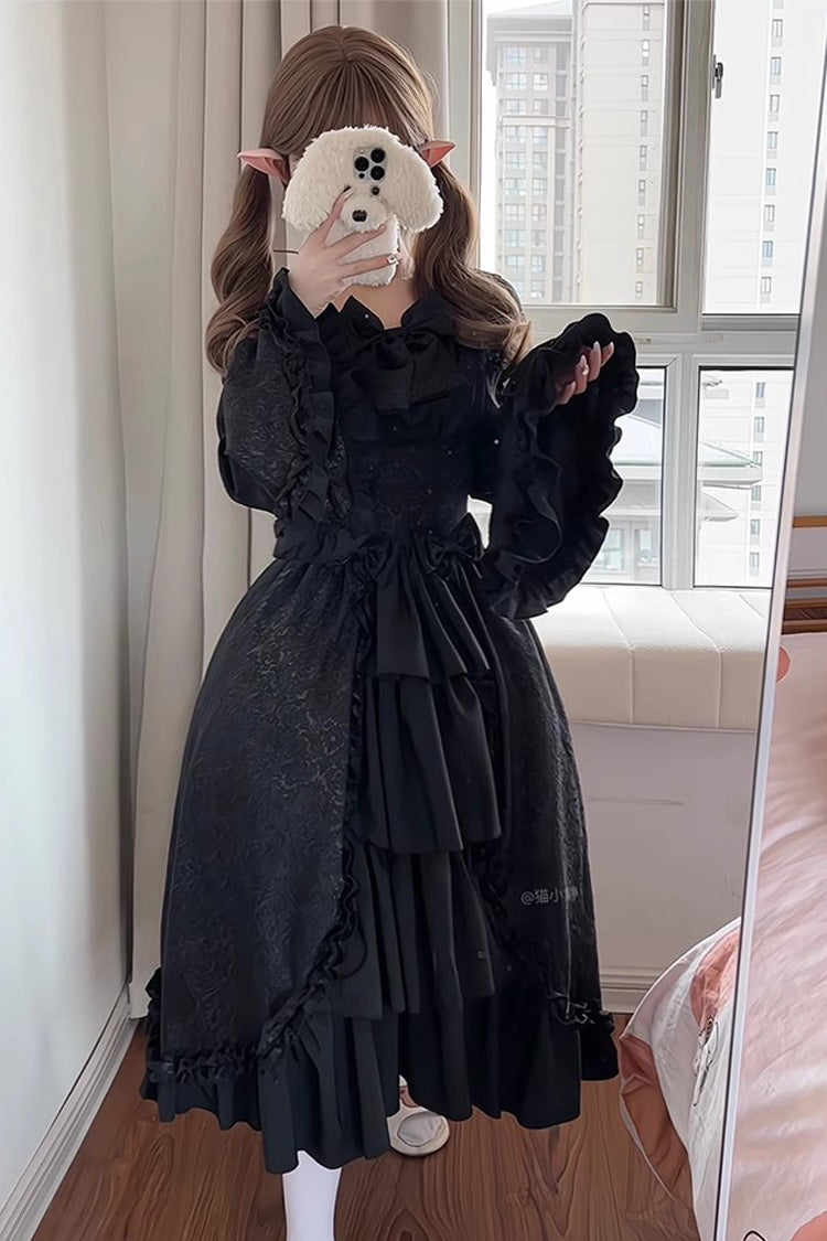 Noir Ruffle Cardigan with Bow Accents and Princess Sleeves