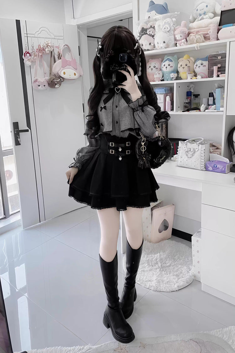 Belt Buckle Ruffled Long Sleeve Jirai Kei Set