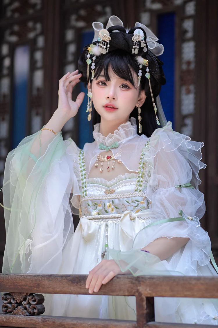 Cream Luo Ling Fu Embroidery Bow Lace Frilled Chinese Style Sweet Lolita JSK Dress