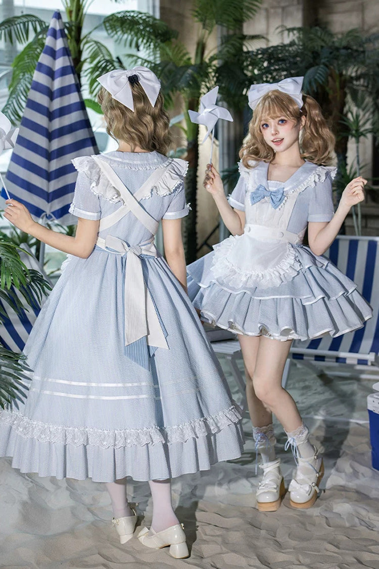 Sweet Lolita Dress with Printed Ruffled Bow and Navy Collar - Blue