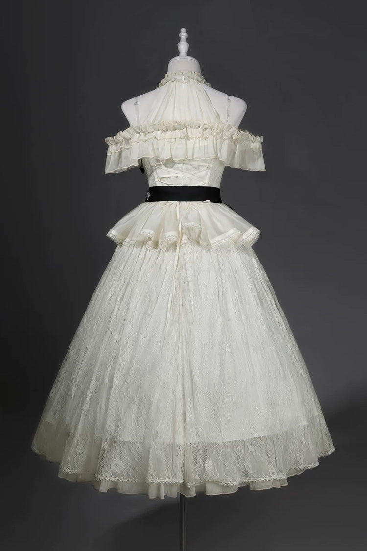 Ivory Halter Ruffled Embroidered Bow Classic JSK