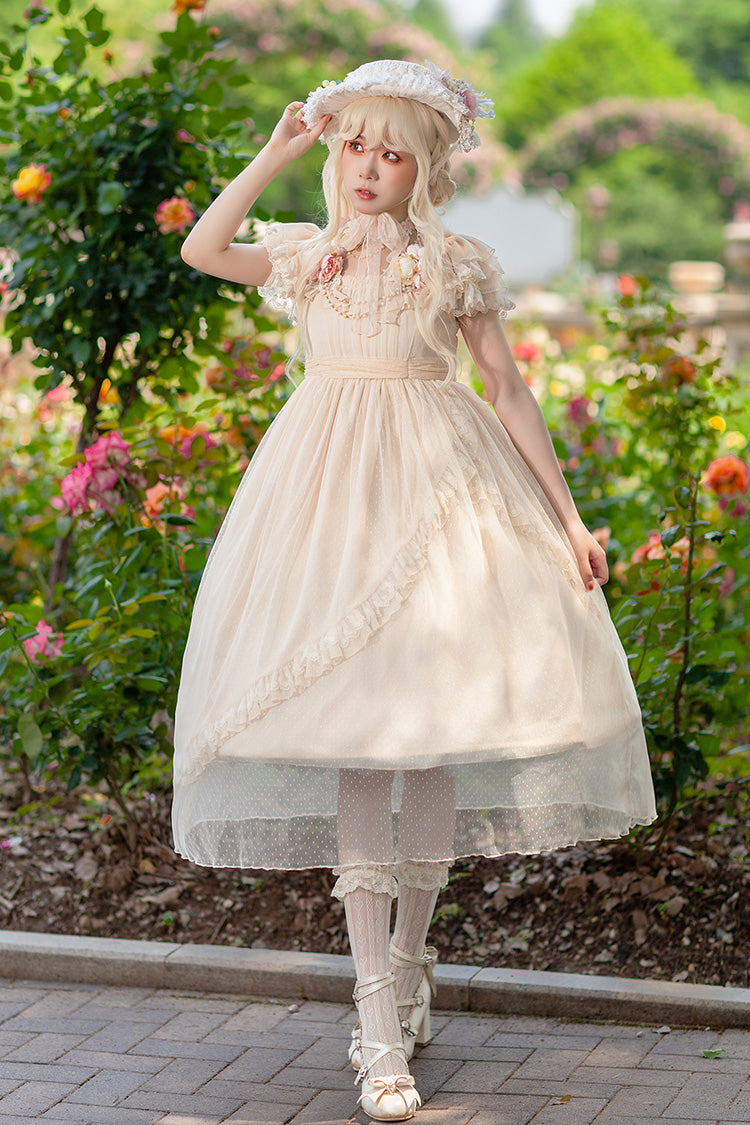 Apricot Elegant Lolita Dress with Polka Dot Print Ruffles Bowknot and Asymmetric Sweet Style