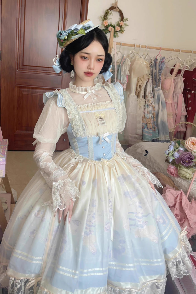 Ballet Rabbit Print JSK Dress with Doll Design, Sweet Lolita