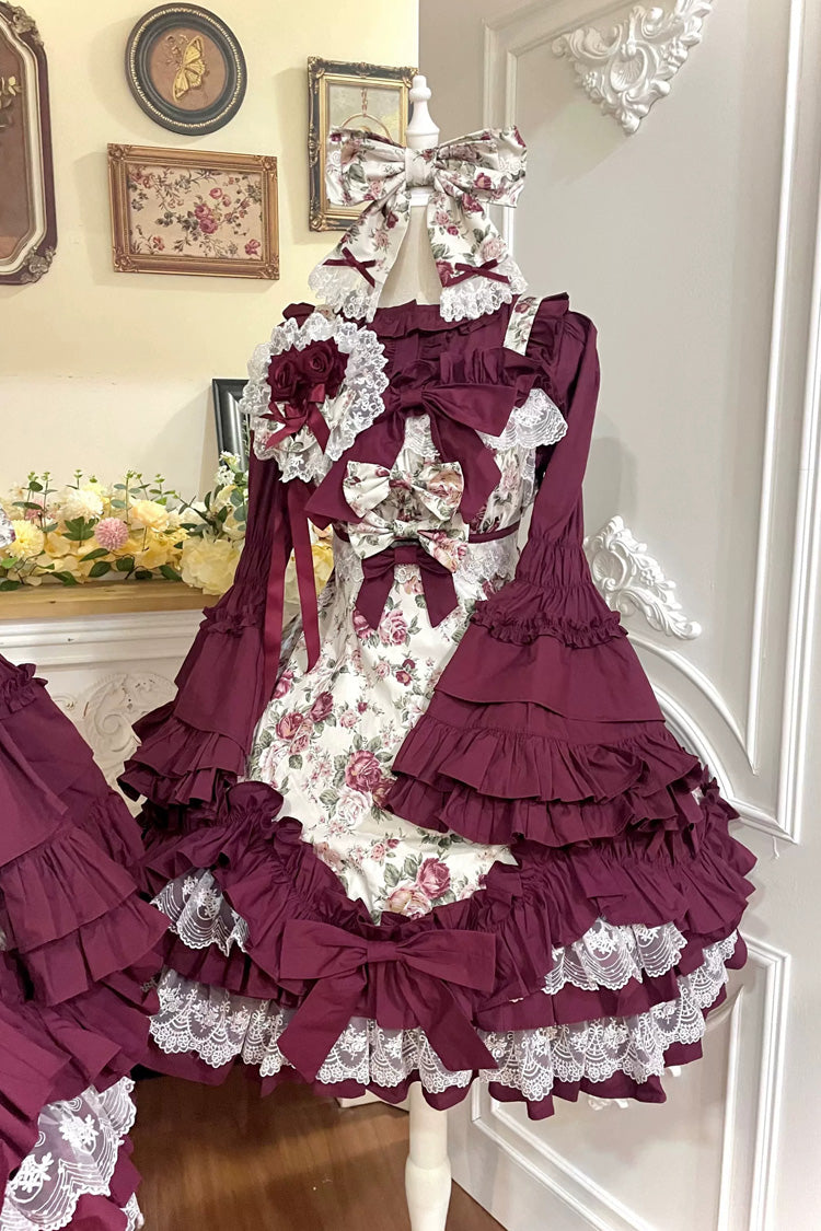 Burgundy Off-Shoulder JSK Dress with Ruffled Lace
