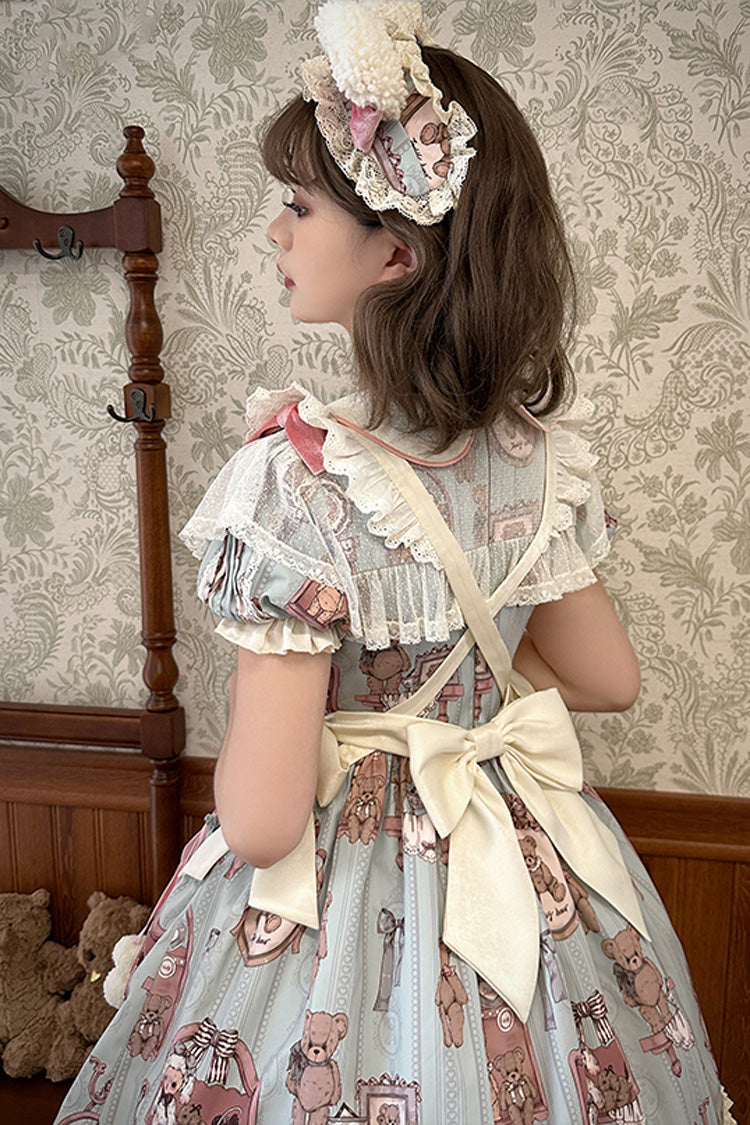 Pink Green Bear Wall Print Short Sleeves Ruffle Bow Sweet Lolita Dress