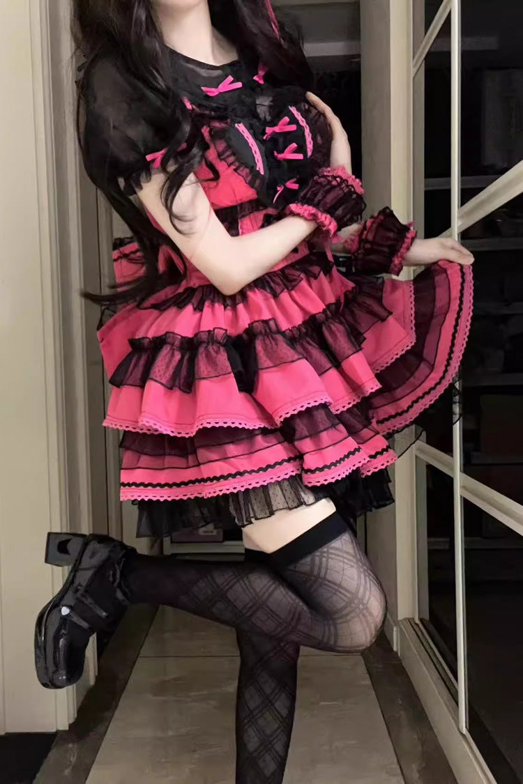 Sweet Lolita Dress - Pink Rose Print, Multi-Layer Bow