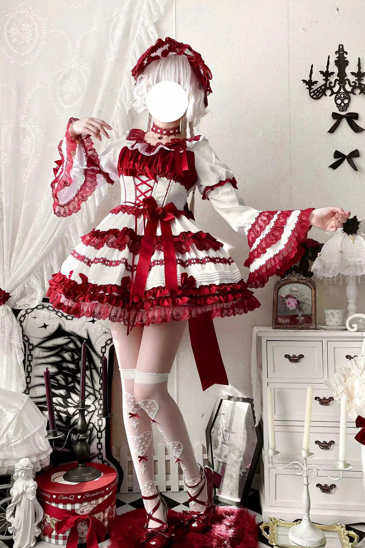 Ivory and Ruby Velvet Short Sleeve Ruffled Ribbon Lace Sweet Lolita Dress