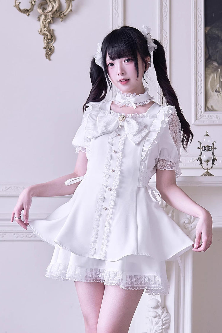 Ivory Ruffle Bowknot Jirai Kei Dress Set with Short Sleeves - Waltz