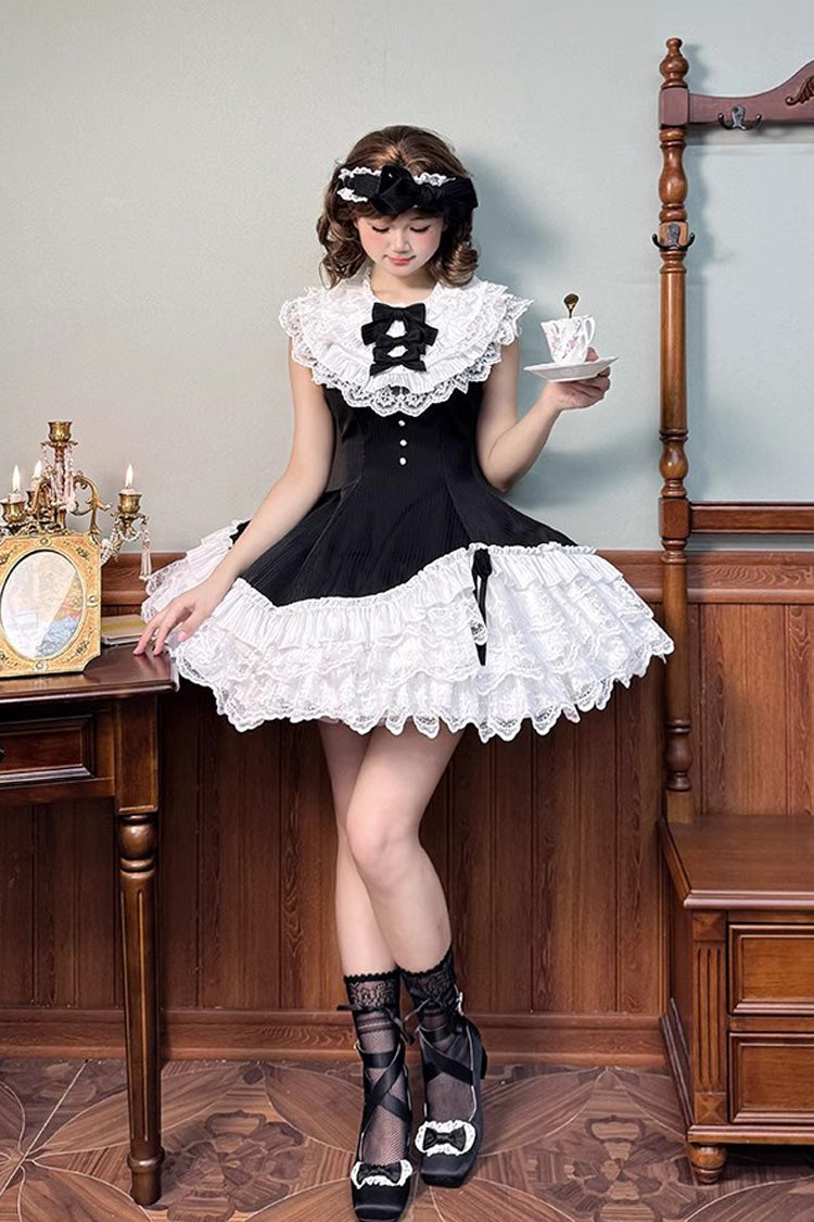 Black/White Asymmetric Lace Bow Sleeveless Multi-Layer Ruffle Sweet Lolita Dress - Miss Tsundere