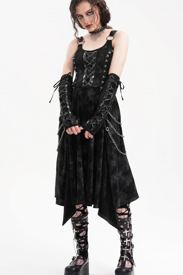 Gothic Slip Dress with Lace-Up Rings and Chains Plus Gloves