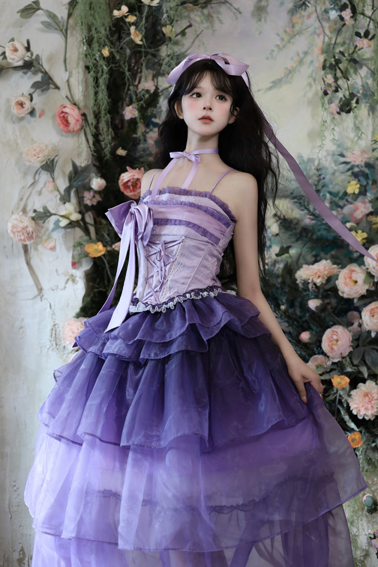 Violet Lily Valley Snow Sleeveless Triple Ruffled Bow Lace-Up Skirt Set
