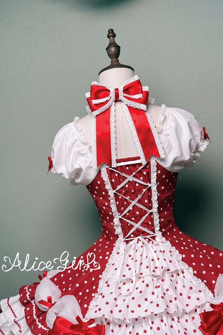 Wine Red Halterneck Short Sleeve Triple-Layered Polka Dot Bow Lace-Up Sweet Dress