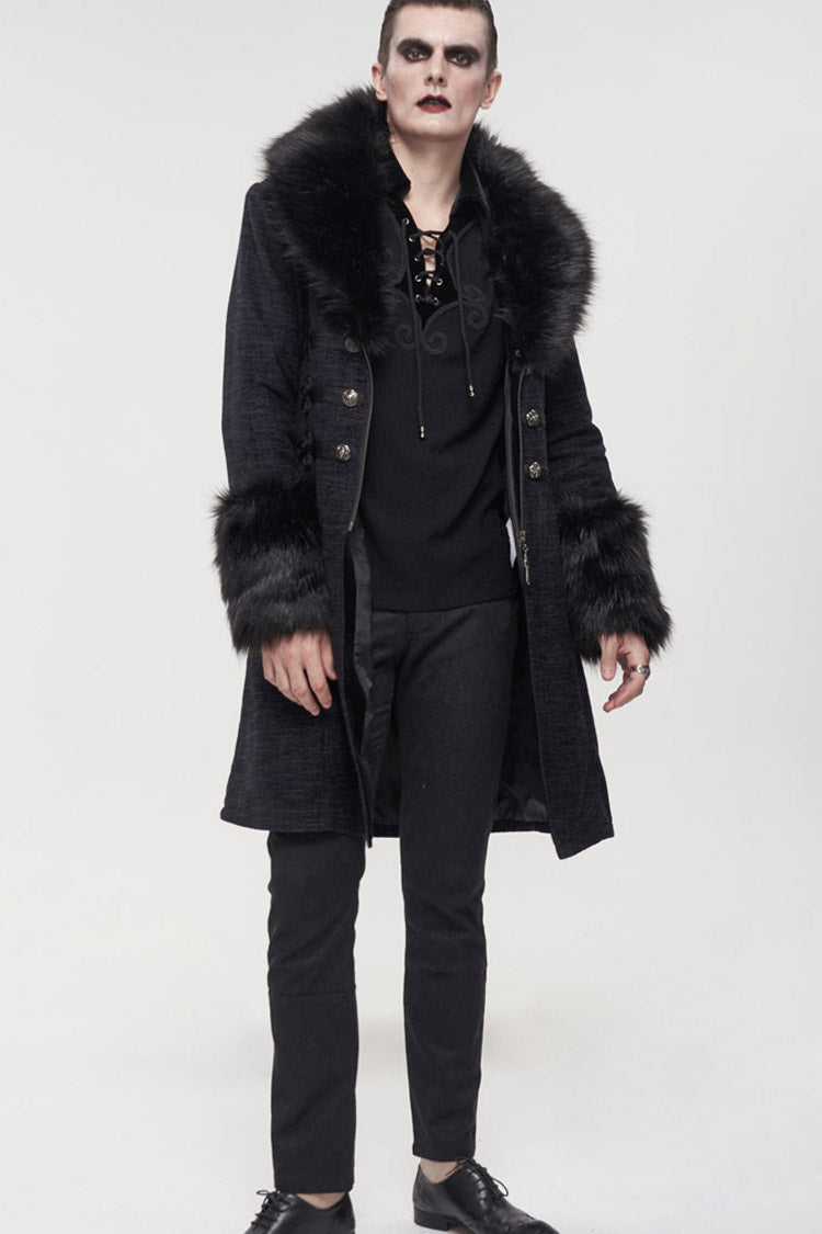 Gothic Men's Coat with Removable Fur Collar, Button Accents