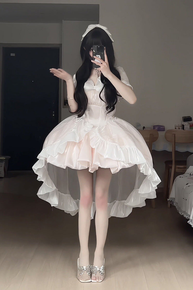 Boat-Neck Ruffled Bow Princess Dress