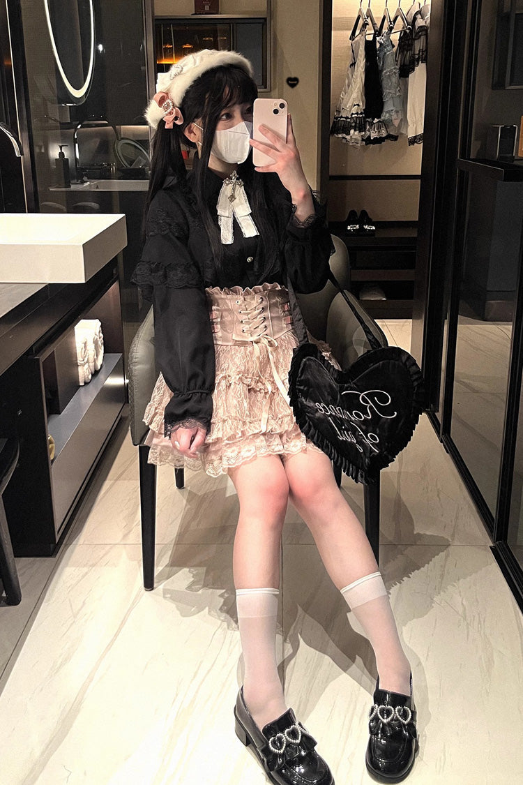 Jirai Kei Blouse with Hollow Lace and Long Sleeves - Mist Veil, 3 Tones