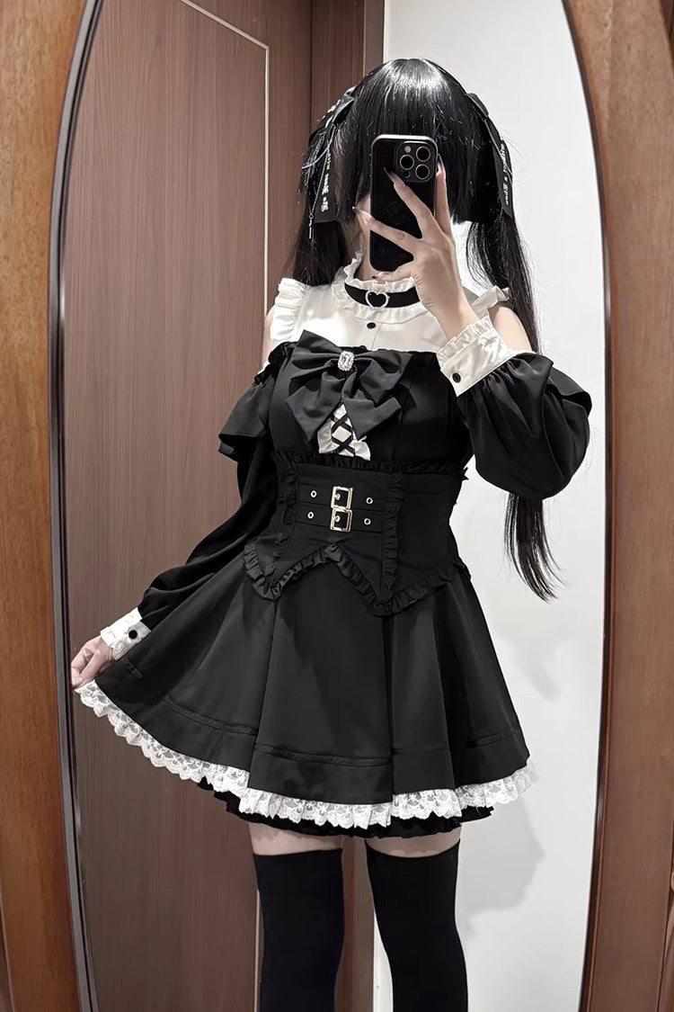Monochrome Off-Shoulder Ruffle Jirai Kei Dress Ensemble